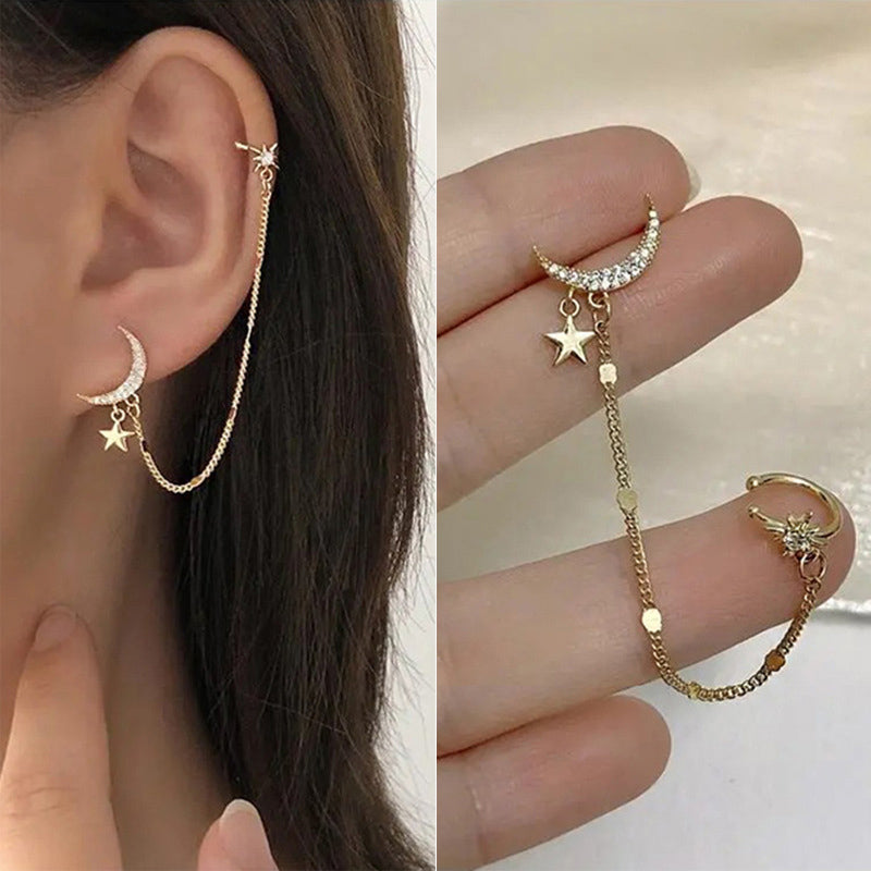 1PC New Fashion Gold Color Moon Star Clip Earrings For Women Simple Butterfly Fake Cartilage Long Tassel Ear Cuff Jewelry Gifts